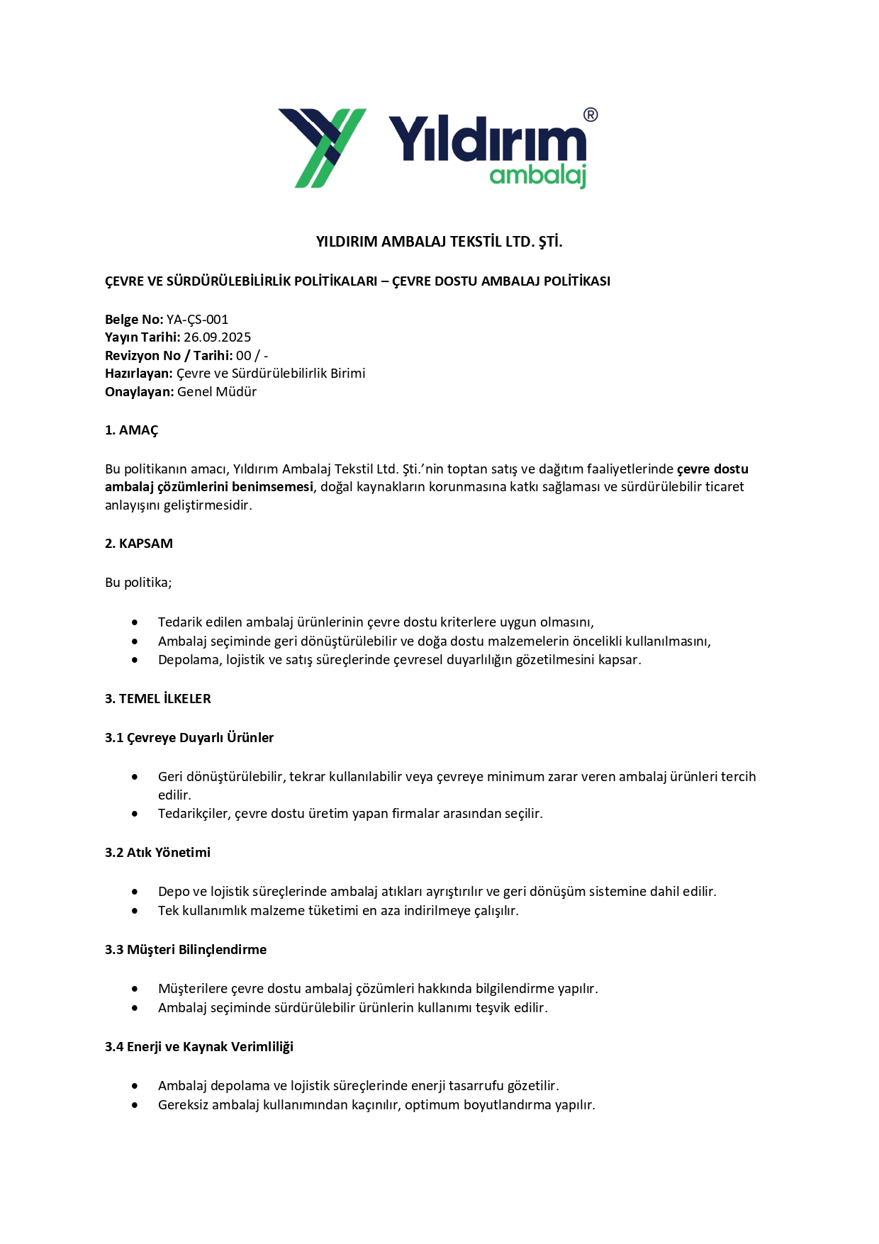 ÇEVRE DOSTU AMBALAJ POLİTİKASI